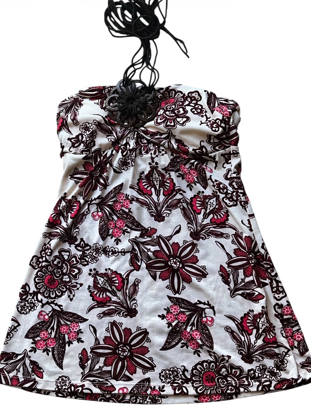 Coconut Shell Medallion Floral Halter Pink Brown Cream Tunic Tank Blouse size M